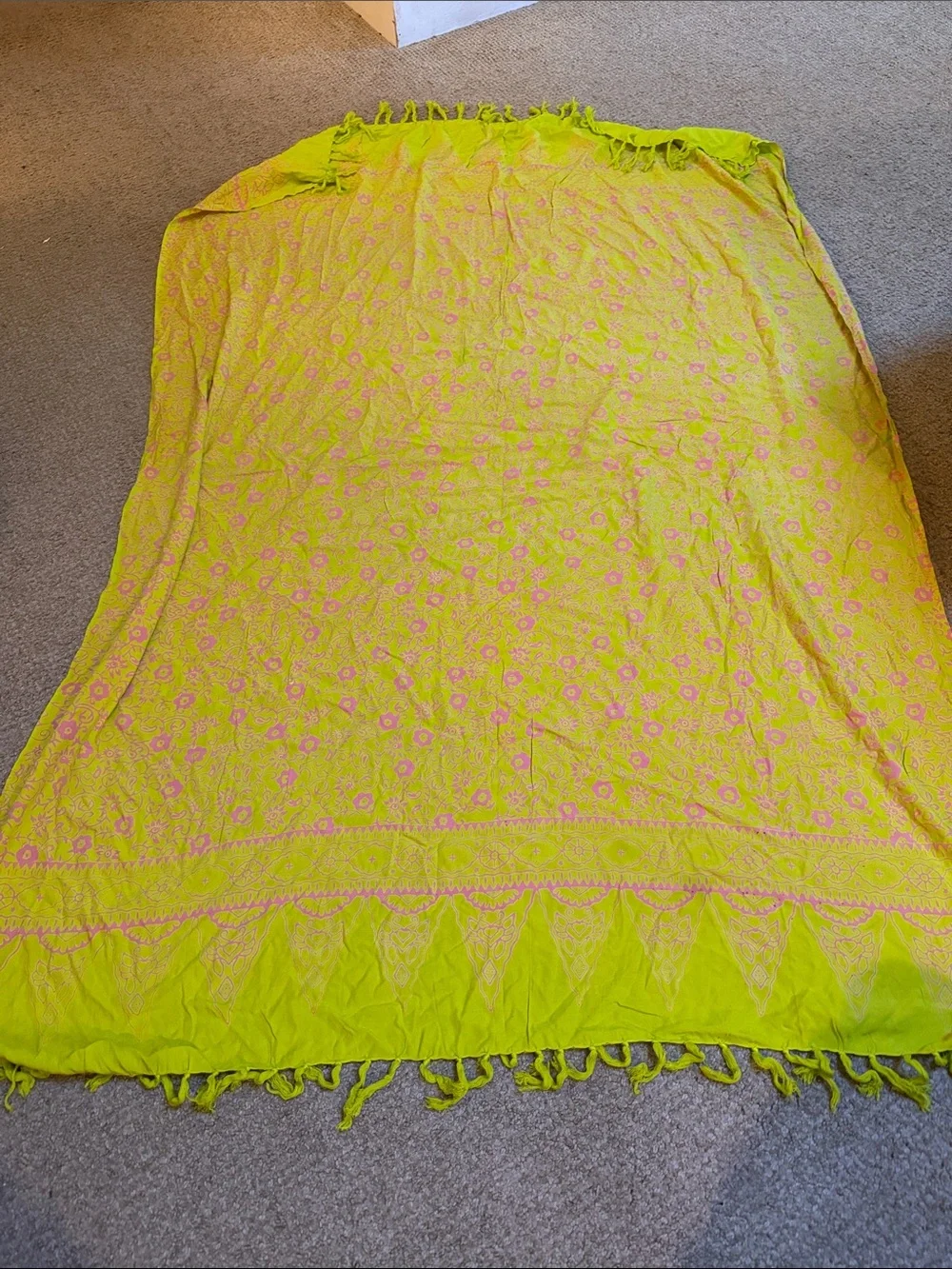 World market Sarong in pink and light chartreuse  with long tassels at ends